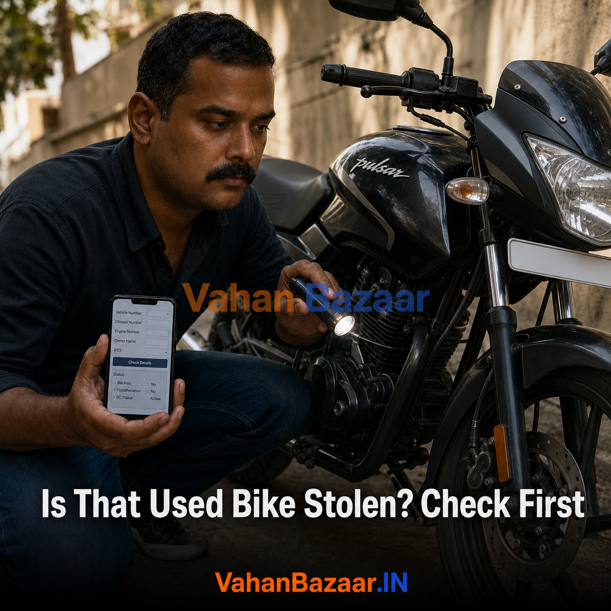 VahanBazaar explainer on checking whether a used bike in India is stolen, covering blacklist flags in the registration record, chassis and engine number matching, and verifying the seller's identity before payment