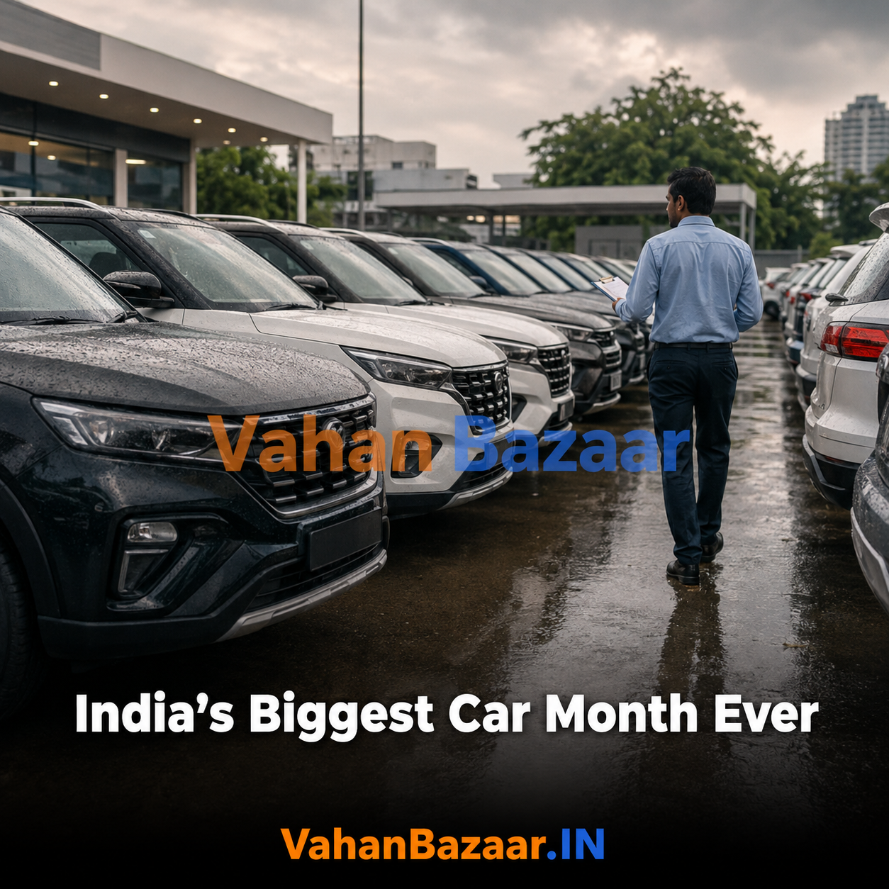 Two Indian SUVs parked side by side outside a city dealership forecourt with a sales board in the background