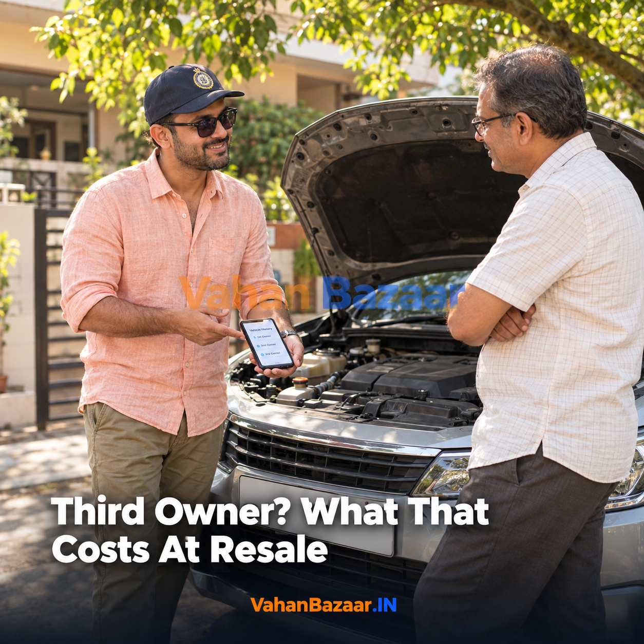 VahanBazaar guide to using the registered owner serial number in the VAHAN record as a used car price negotiation tool in India, showing indicative discounts at second, third and fourth owner