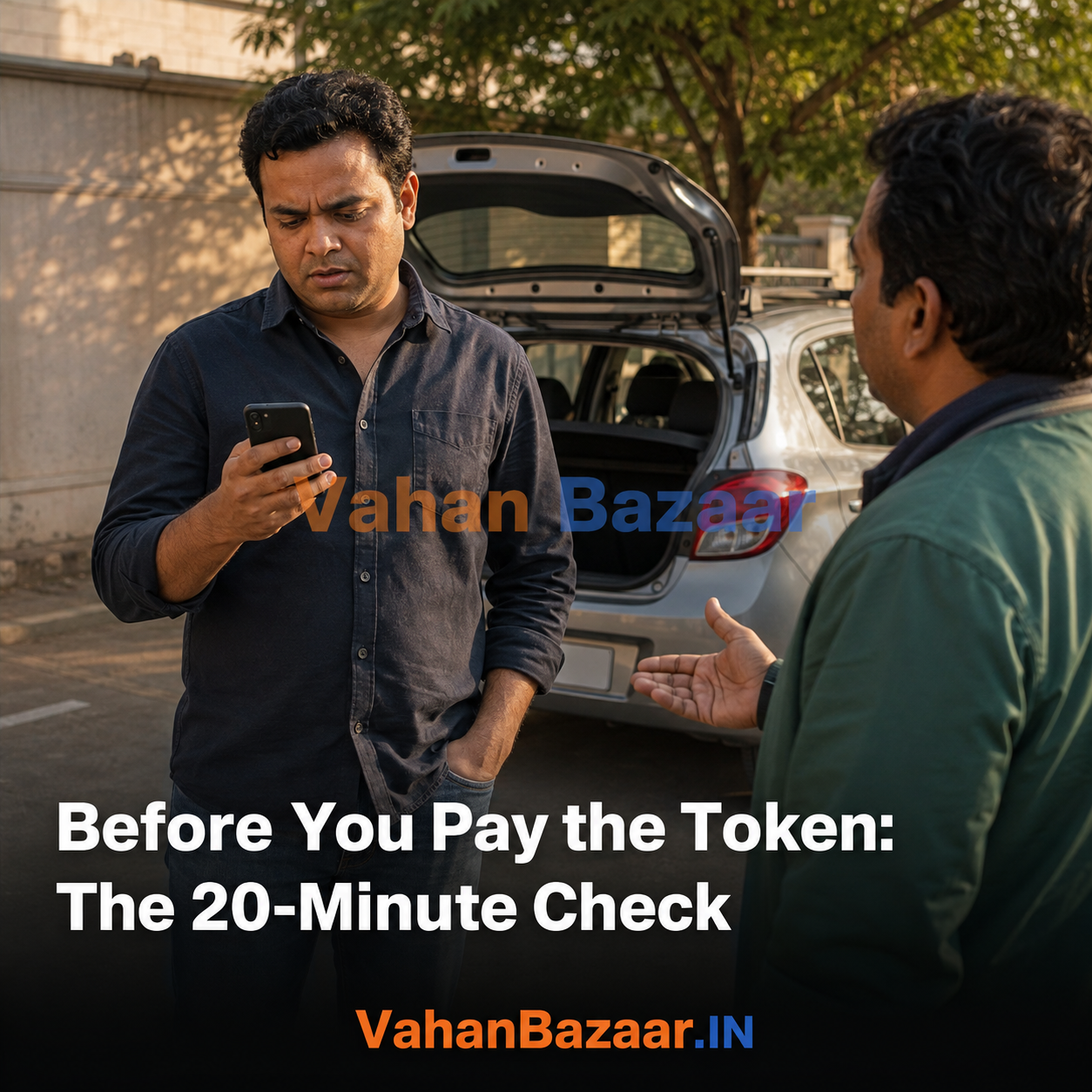 A used car buyer in India checking a vehicle's VAHAN record on a phone before paying a token advance to a private seller