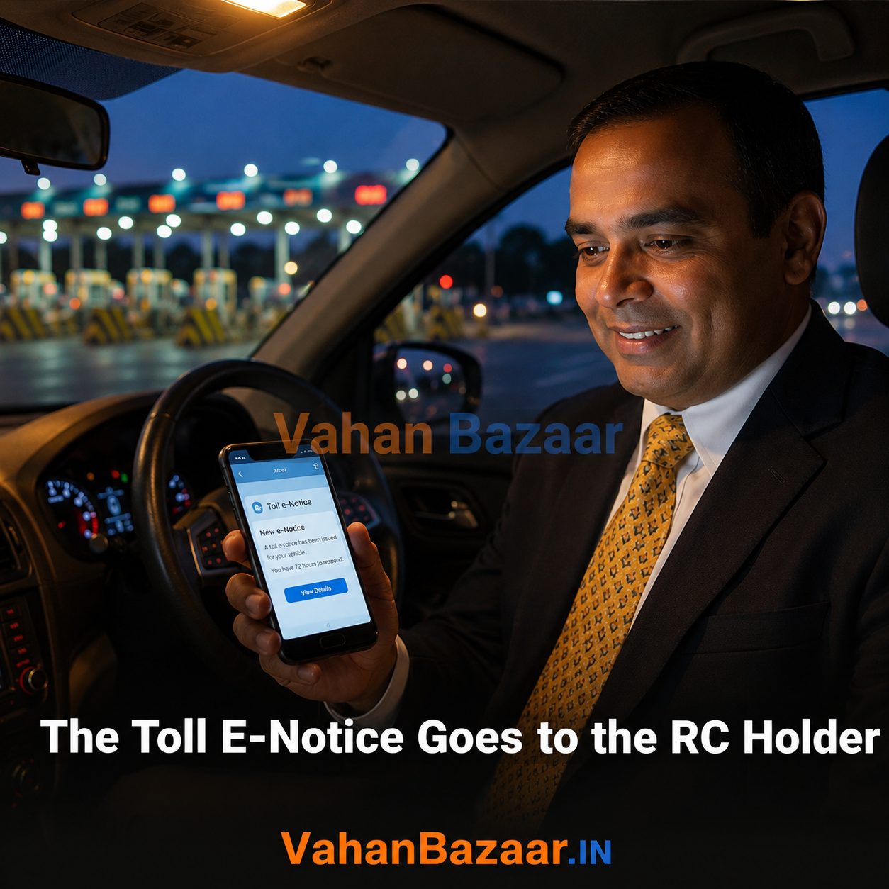VahanBazaar explainer on toll e-notices under the Central Motor Vehicles Second Amendment Rules 2026, showing that notices are issued to the registered owner on the RC and that a representation must be filed within 72 hours