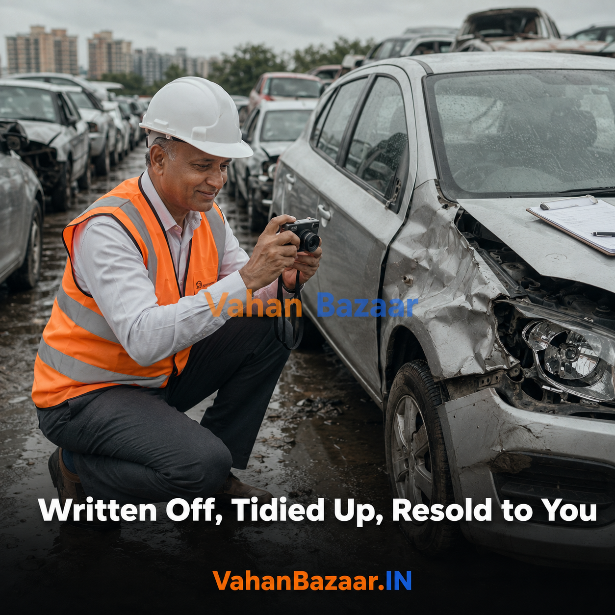 VahanBazaar explainer on how a car written off as a constructive total loss at over 75 percent of its Insured Declared Value is settled, auctioned as salvage, rebuilt and resold into the Indian used car market