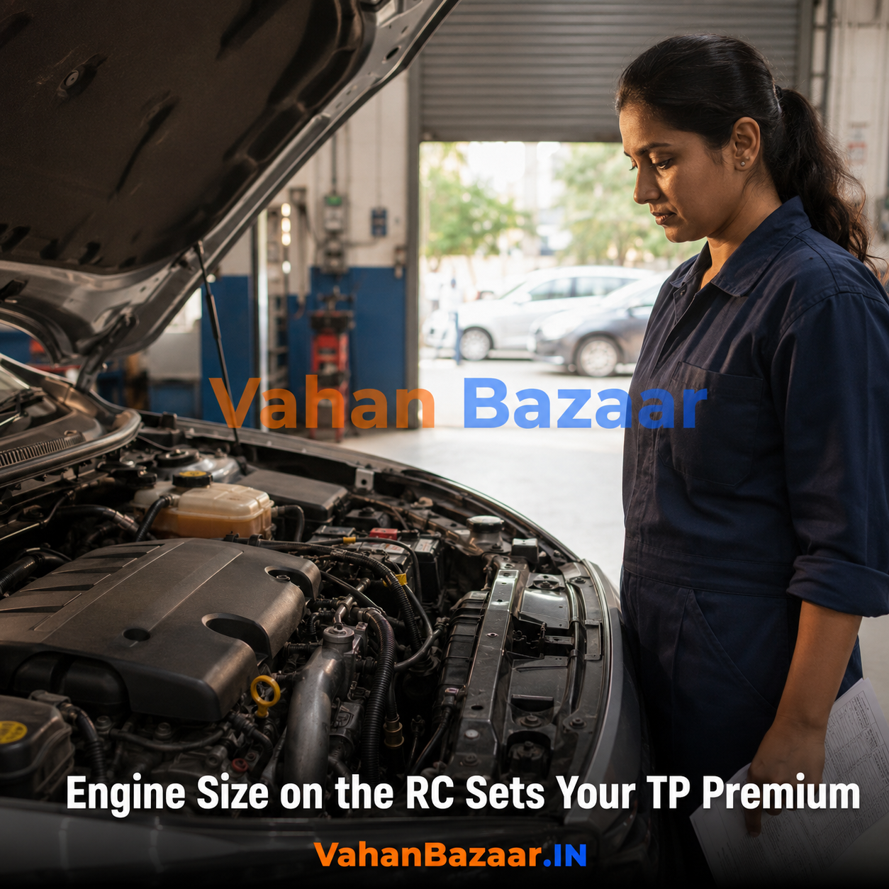 An Indian registration certificate with the cubic capacity field highlighted beside three third-party insurance premium slabs for private cars