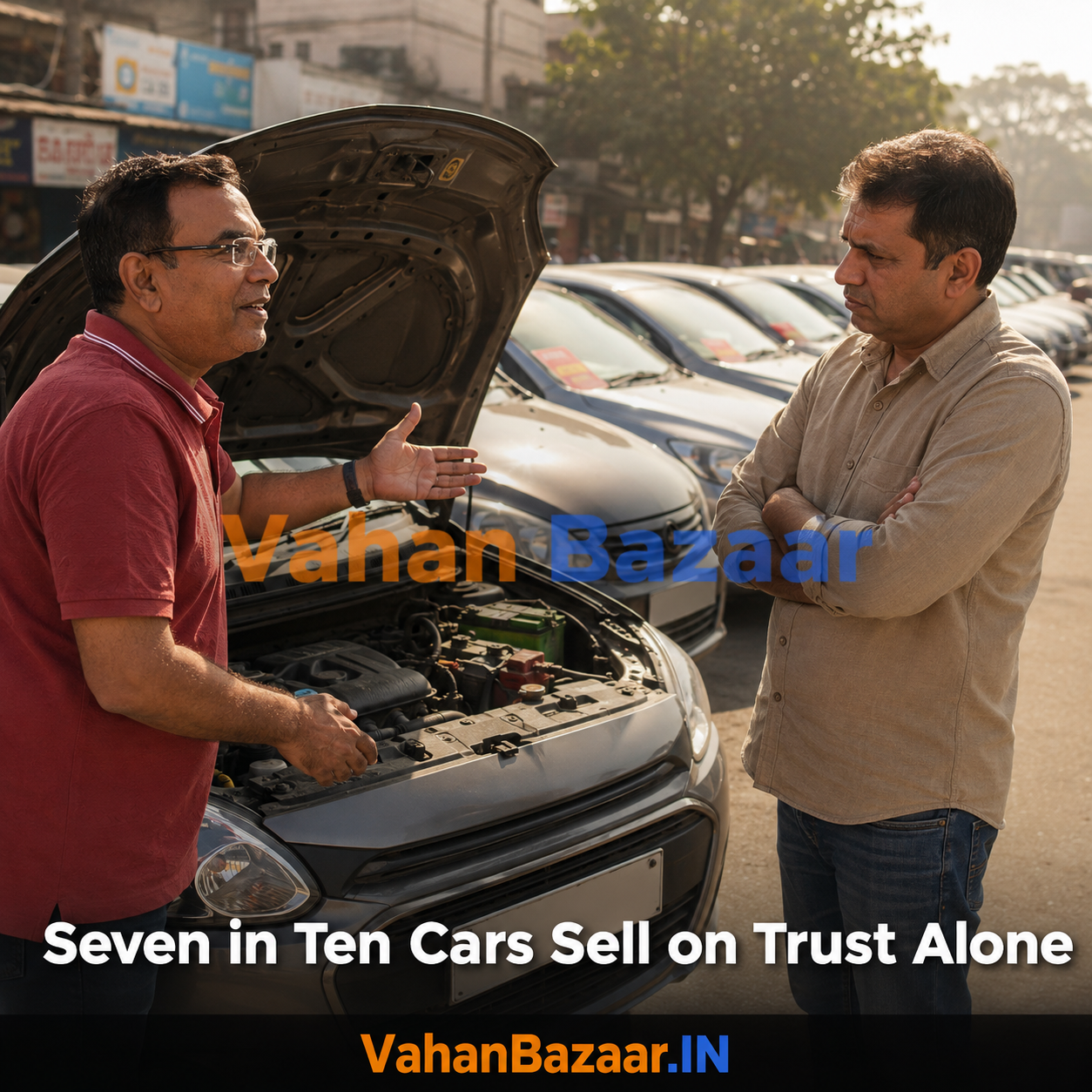 An Indian used car changing hands on a local street forecourt while a buyer checks a vehicle record on a phone