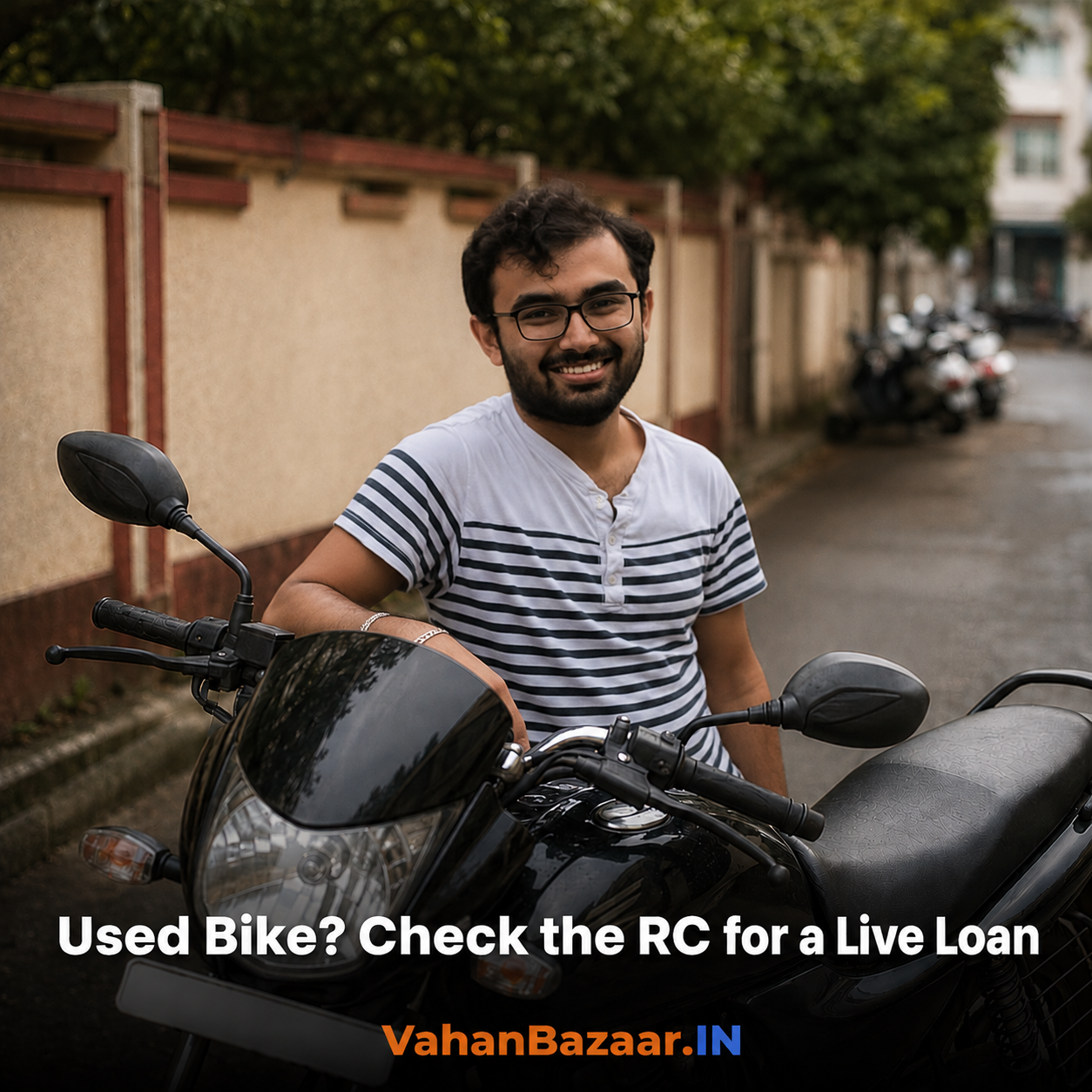 VahanBazaar explainer on checking a used bike or scooter registration record for an open hypothecation entry from a loan that was repaid but never formally removed