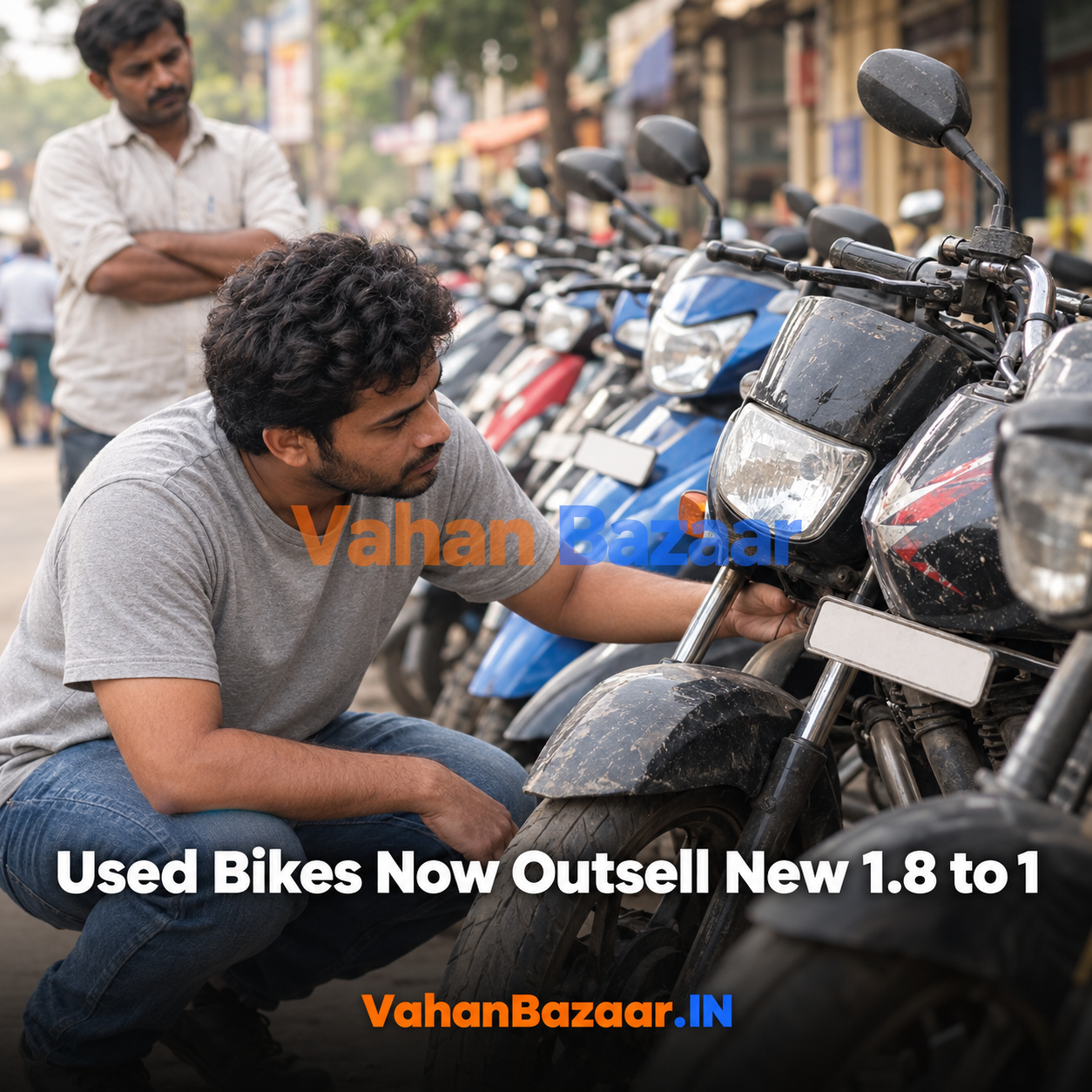 VahanBazaar analysis of India's used two-wheeler market in 2026, showing used bike sales outselling new bikes by 1.8 to 1 and an unorganised sector that accounts for around 99 percent of the market by revenue