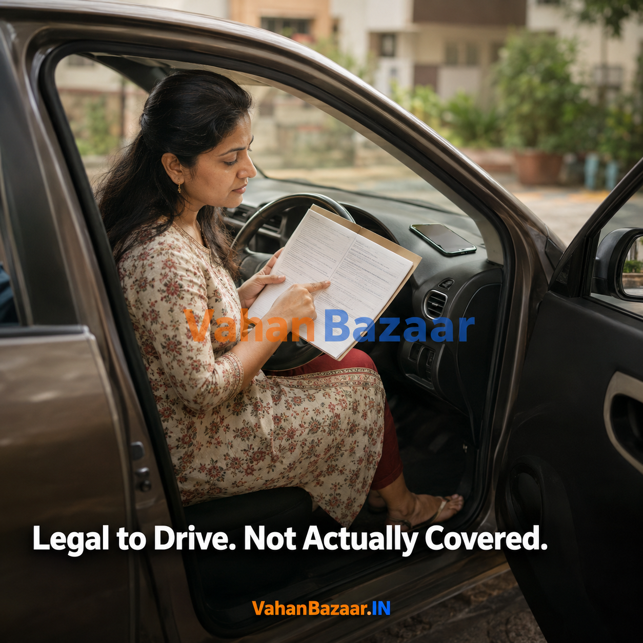 An Indian used car buyer holding an insurance policy printout beside a hatchback while checking a vehicle record on a phone