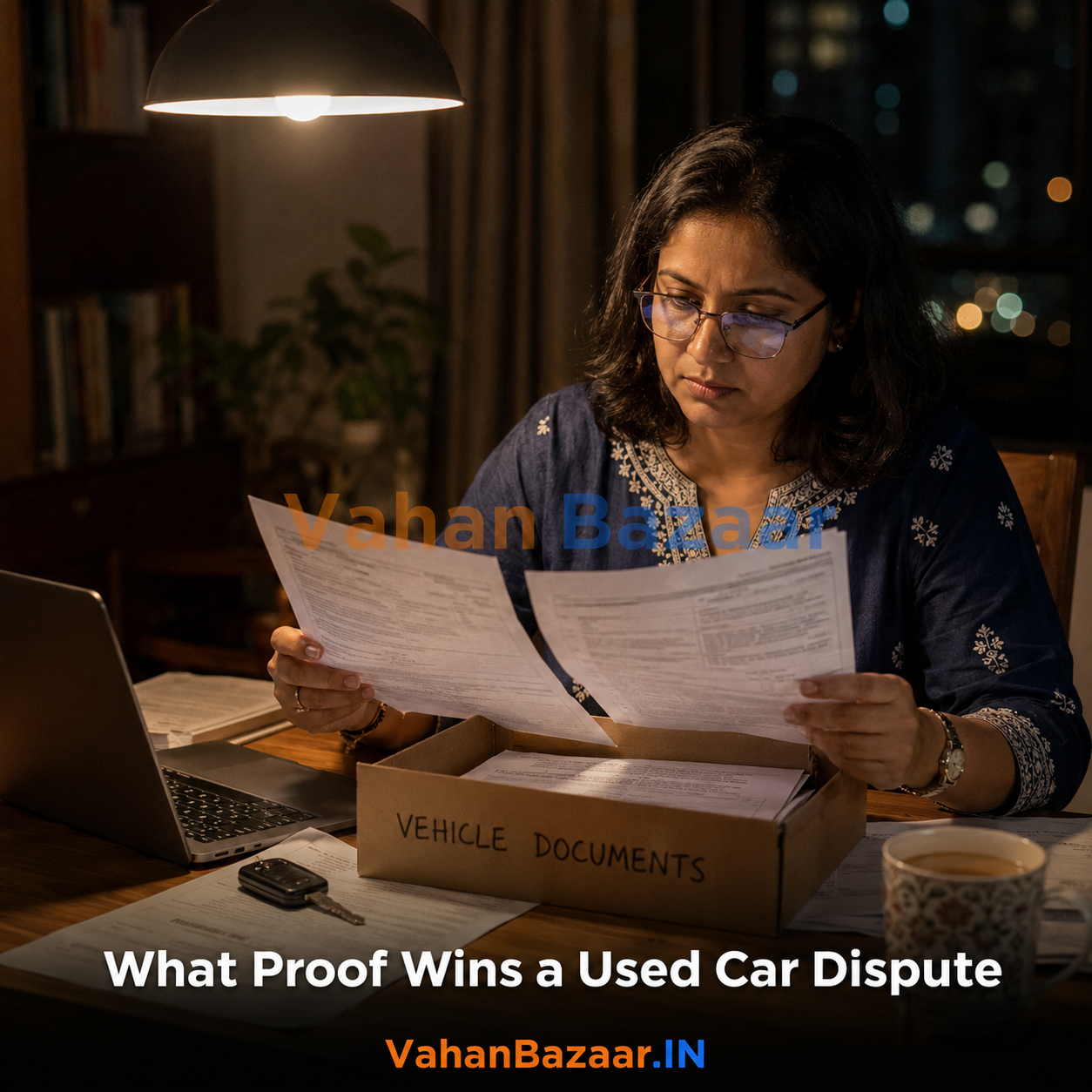 An Indian used car buyer sitting at a table with vehicle documents, a registration certificate and a phone showing a vehicle record