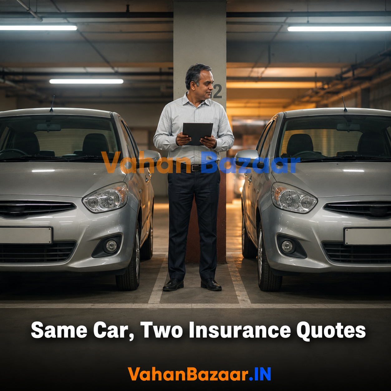 An Indian used car buyer comparing two motor insurance quotes on a phone beside a hatchback parked in a city street