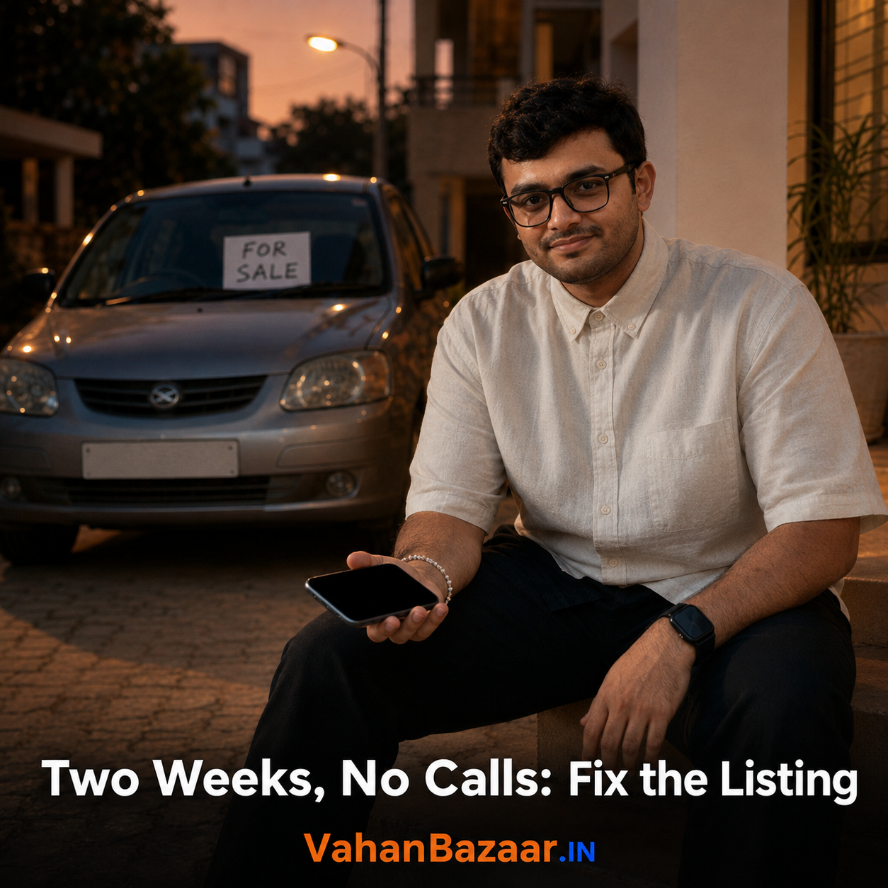 VahanBazaar guide for private sellers in India whose used-car listing has received almost no calls in two weeks, covering price anchoring, buyer trust, listing detail and reach