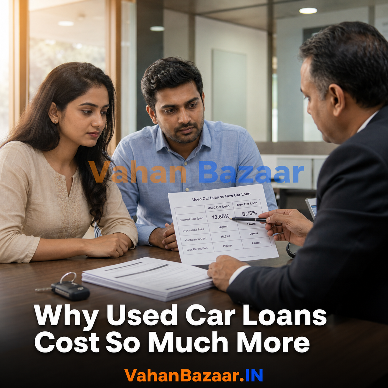 An Indian used car buyer reviewing loan paperwork and a vehicle registration record on a phone before applying for finance