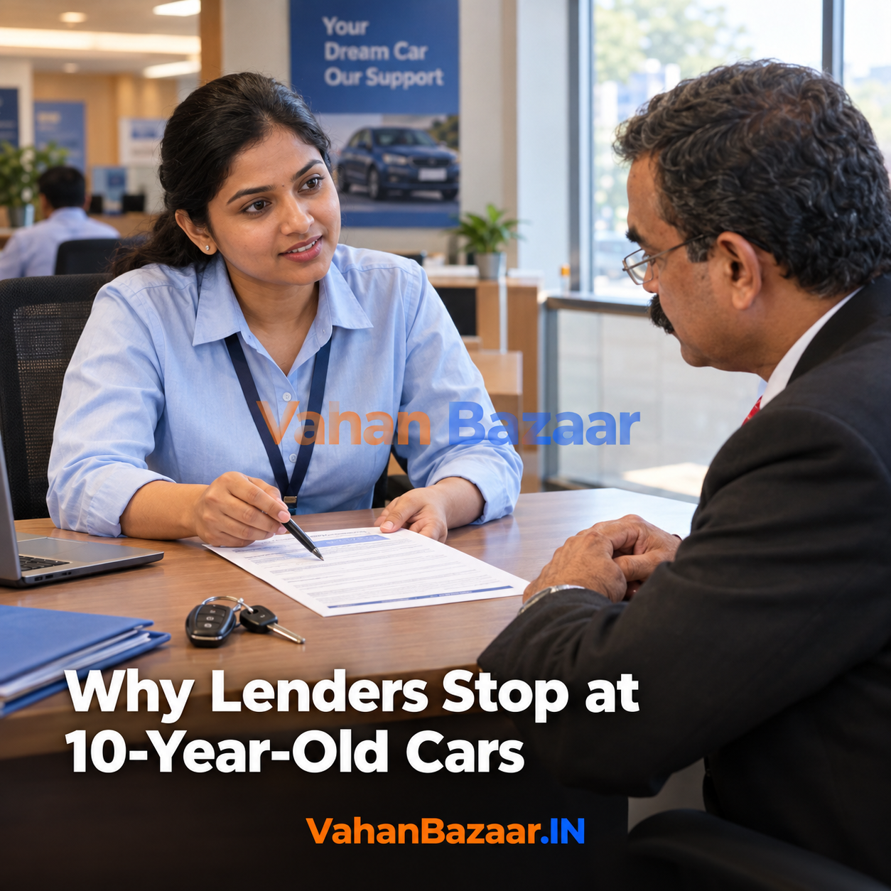 VahanBazaar explainer on why most lenders finance used cars only up to eight to ten years old, and how the date of first registration and a live hypothecation entry decide a used car loan in India