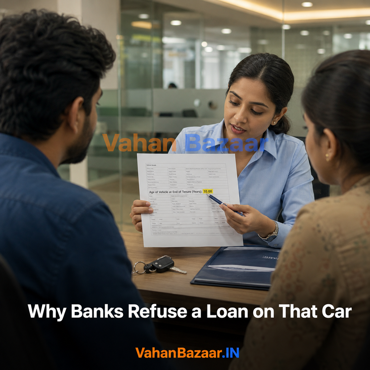 VahanBazaar explainer on why used car loans are refused because of vehicle age, showing how lenders count age from the date of first registration and apply the age plus tenure rule