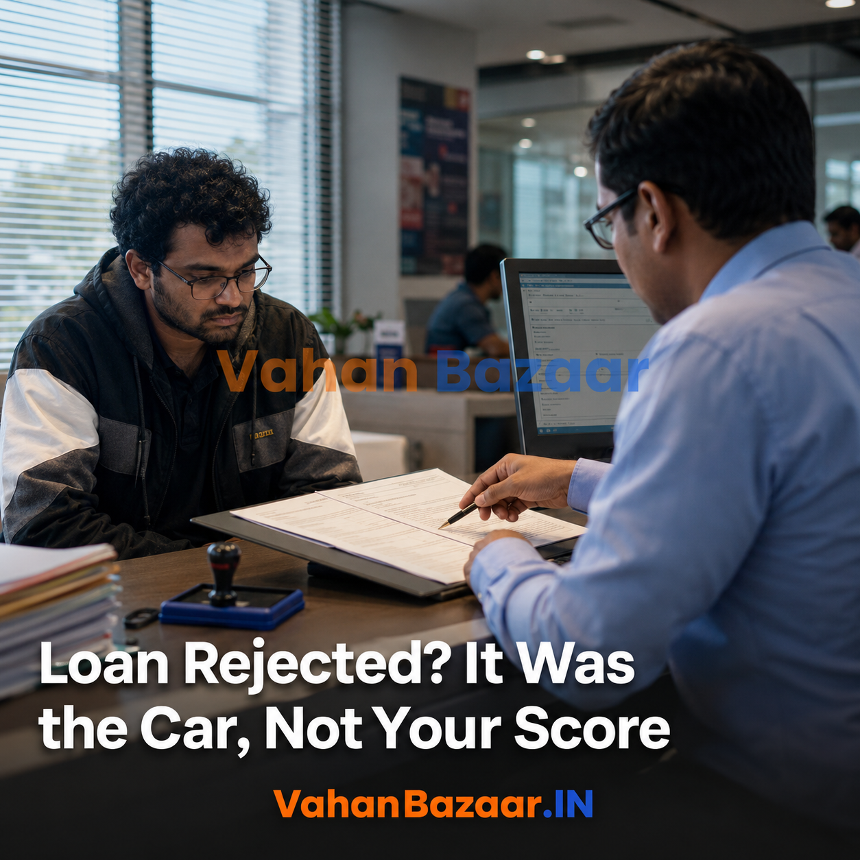 VahanBazaar explainer on why Indian banks reject used car loans for vehicle-side reasons such as hypothecation, registration status and vehicle age at loan maturity