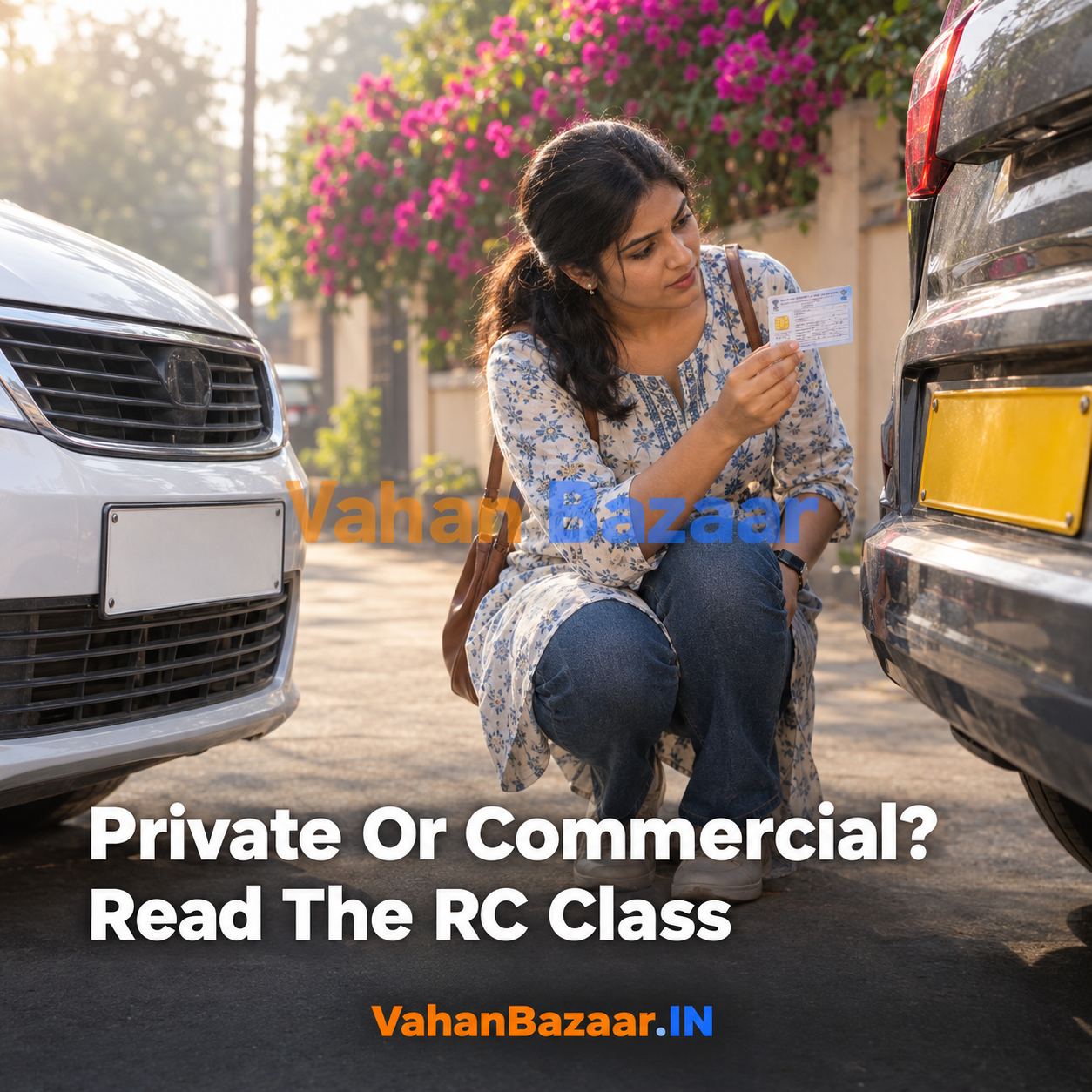 VahanBazaar guide to the vehicle class field on an Indian registration certificate, explaining the difference between a private non-transport class such as Motor Car and transport classes such as Motor Cab and Maxi Cab