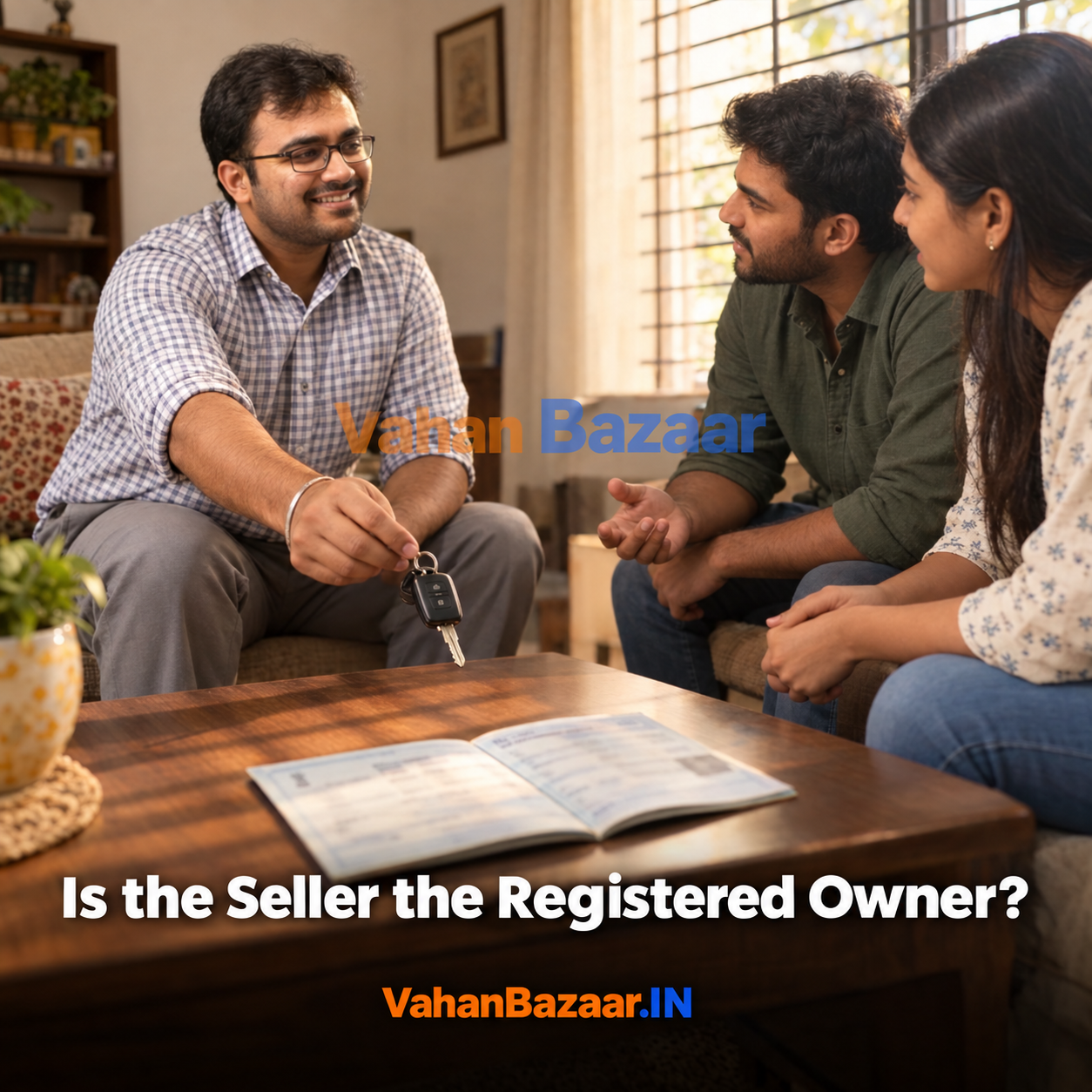 VahanBazaar explainer on how to confirm that a used car seller in India is the registered owner named on the RC before paying, using a Rs. 49 record check against the registration number