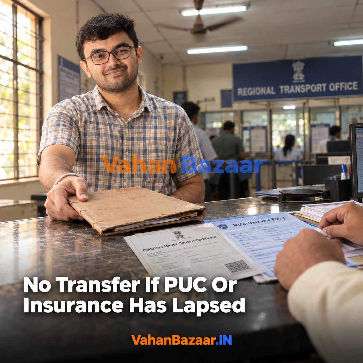 VahanBazaar explainer on the MoRTH draft notification of 21 July 2026 proposing that a valid RC, insurance certificate and PUC certificate become preconditions for transferring vehicle ownership in India