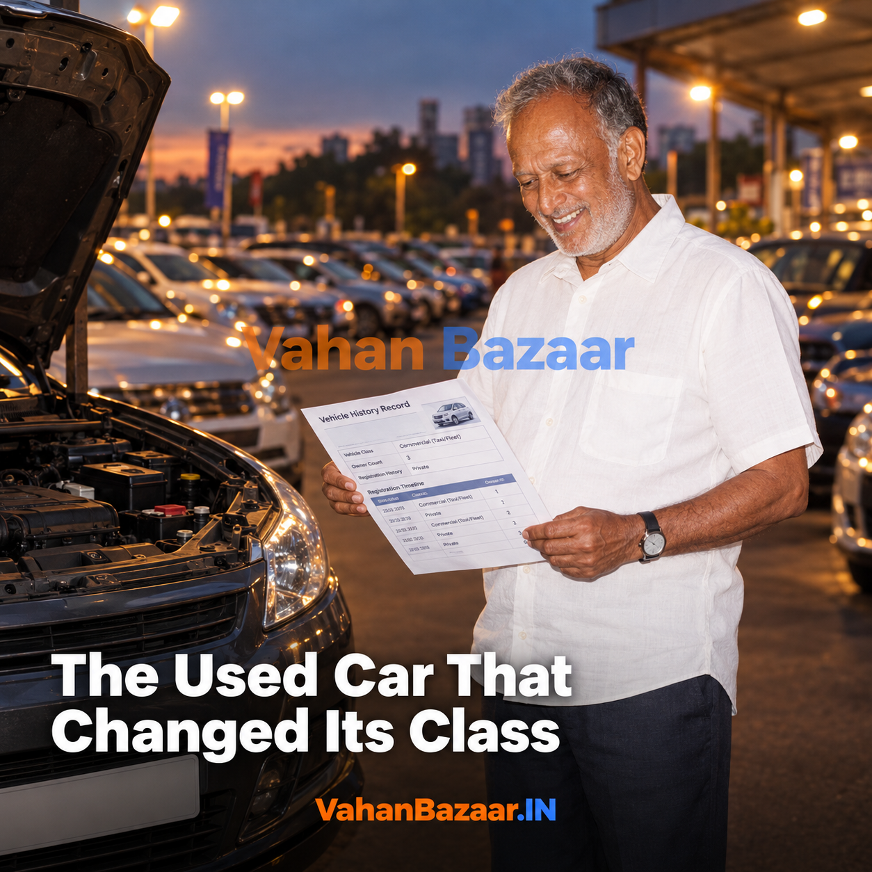 VahanBazaar explainer on vehicle class change from commercial to private registration in India, and how a used car buyer should read the vehicle class field, owner serial number and registered RTO together