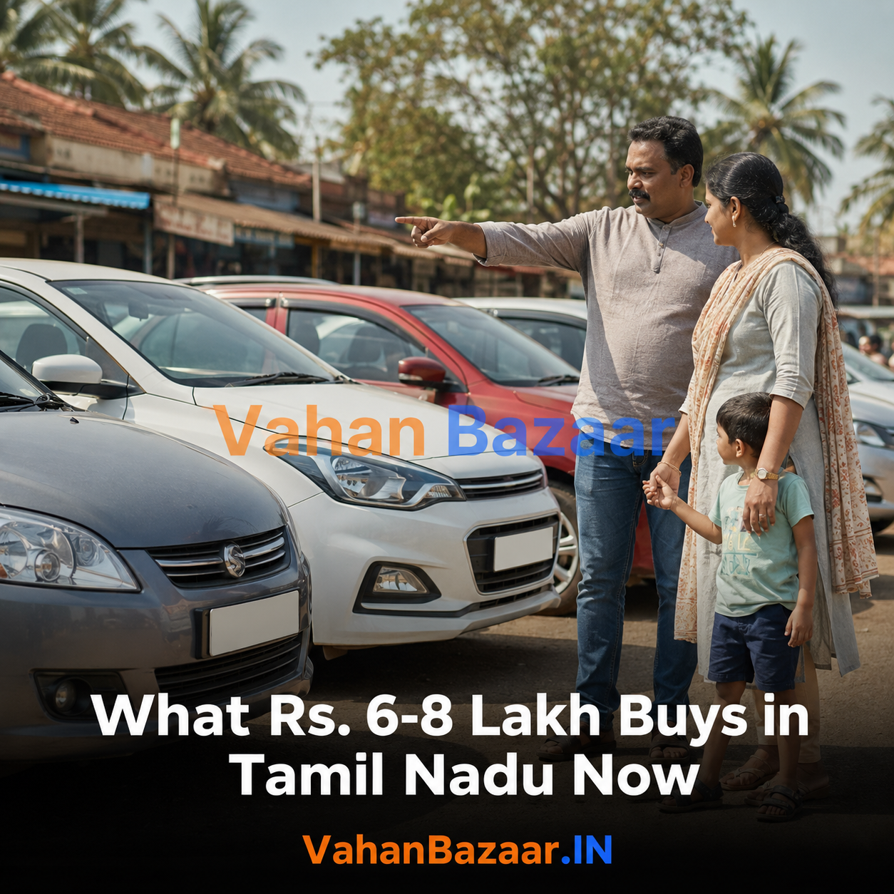 Used cars between Rs. 6 Lakh and Rs. 8 Lakh in Tamil Nadu tier-2 cities — high-kilometre diesel compact sedans versus low-kilometre petrol hatchbacks and compact SUVs