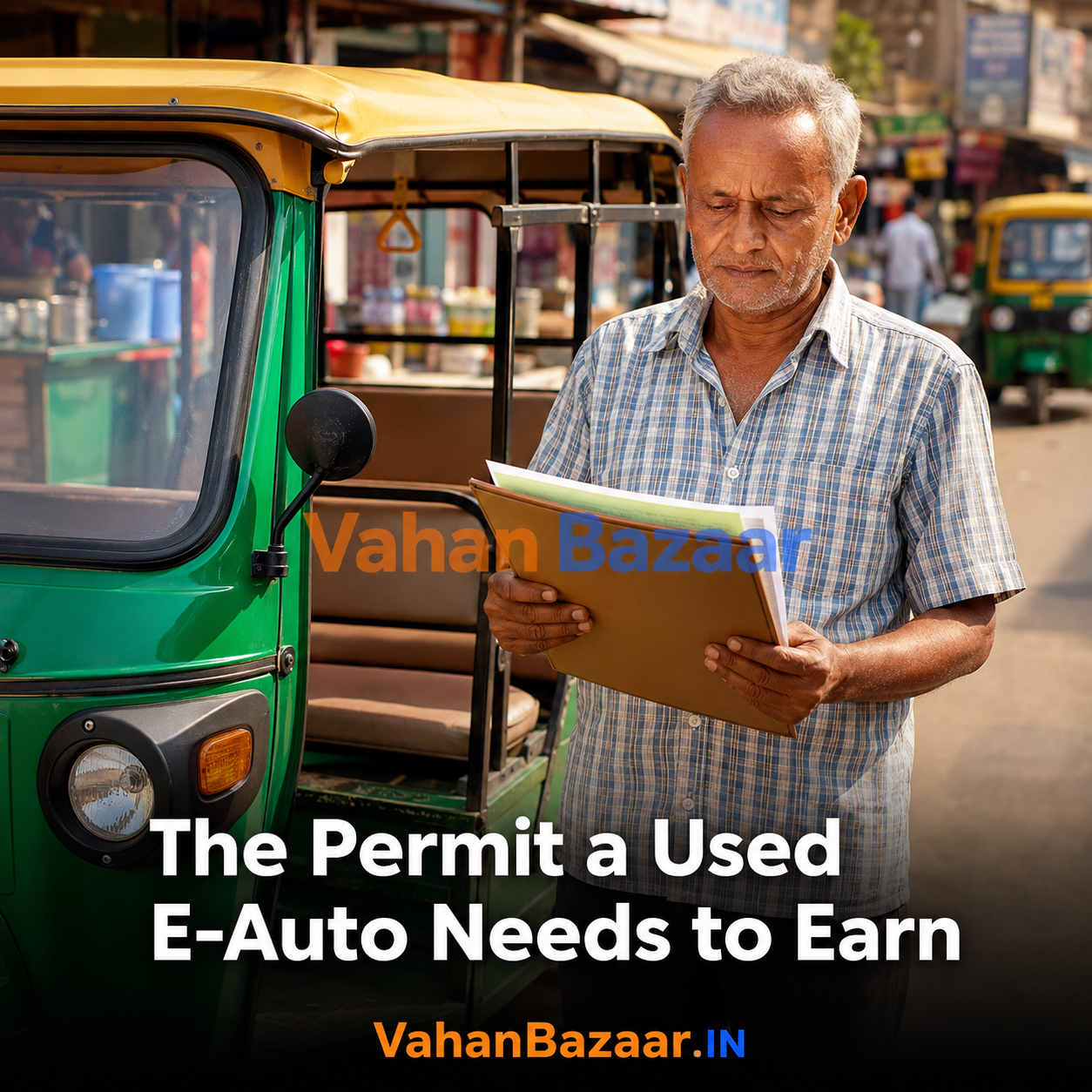 VahanBazaar explainer on buying a used e-rickshaw or passenger auto in India, covering the registration, permit, fitness certificate and commercial insurance checks that decide whether the vehicle can legally earn