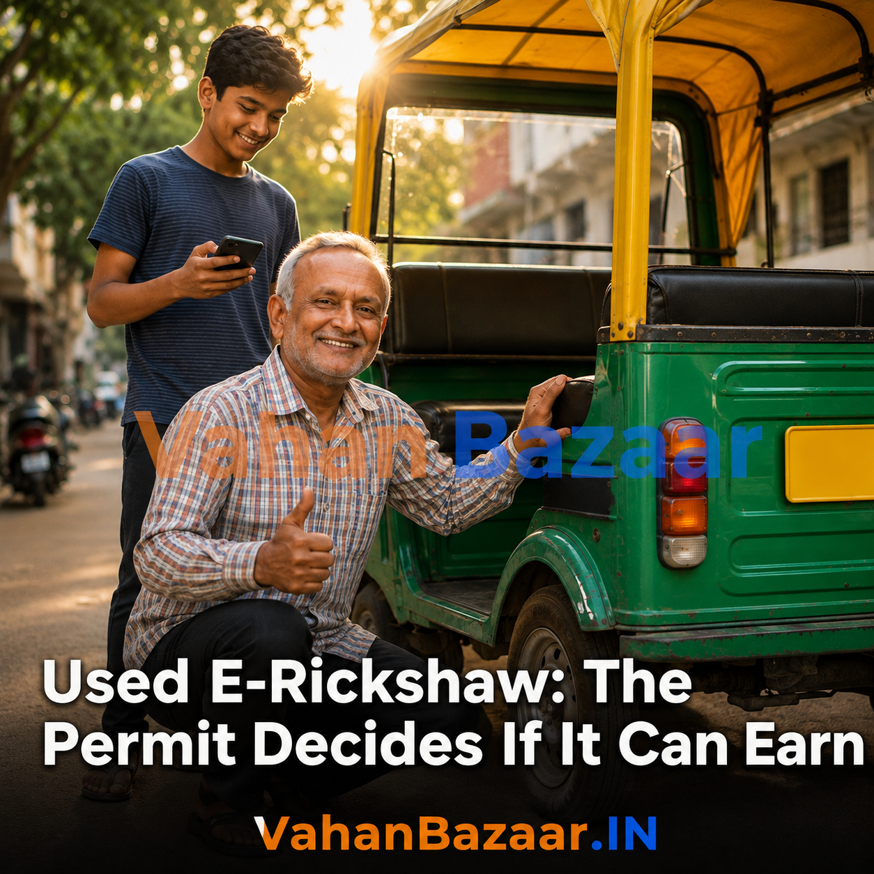 VahanBazaar explainer on checking the registration class, permit position, fitness certificate and hypothecation status of a used e-rickshaw in India before buying