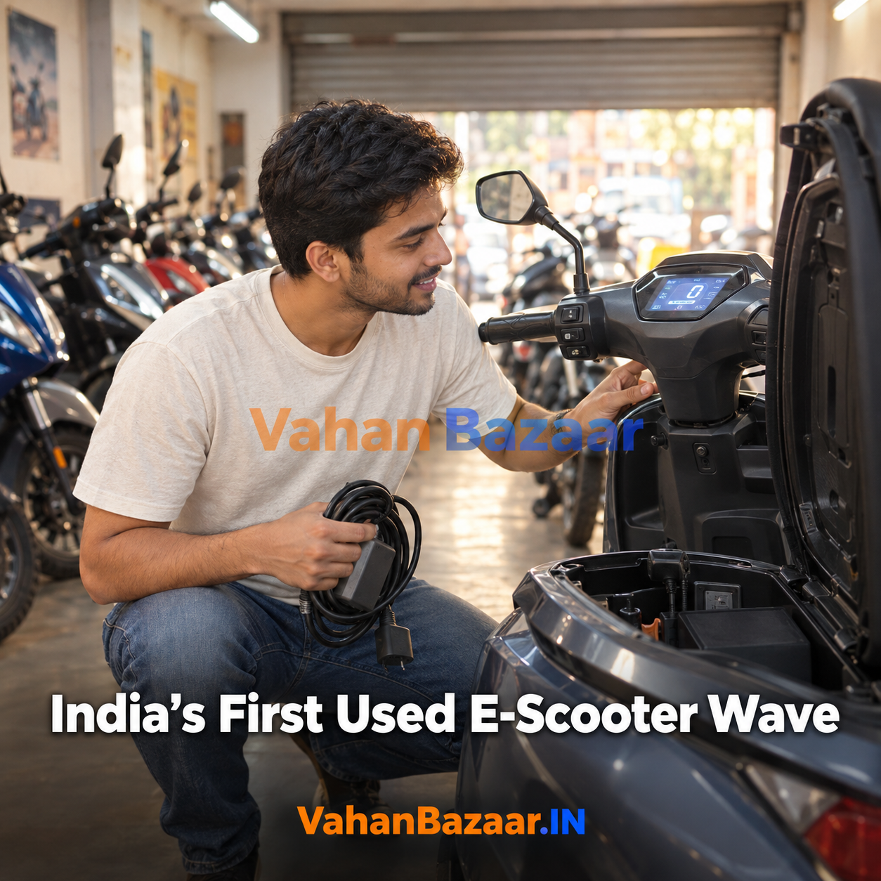 VahanBazaar guide to buying a used electric scooter in India in 2026, showing which questions the VAHAN record settles on an electric two-wheeler and which battery questions the record cannot answer at all