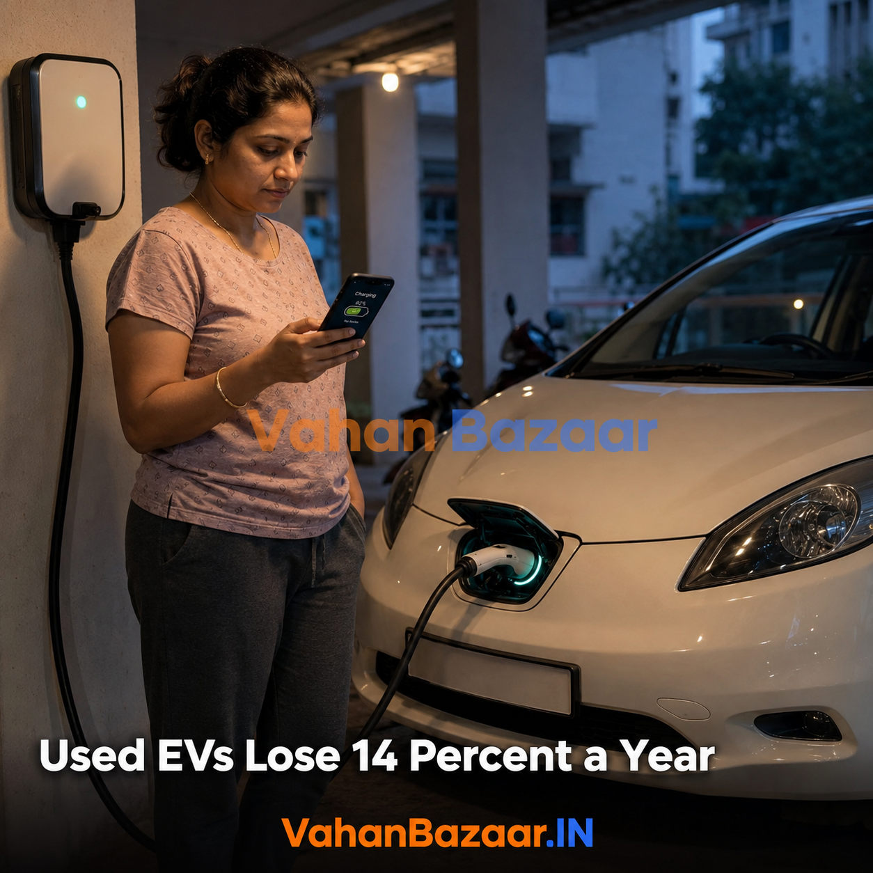 An Indian family charging their electric hatchback at a residential wall box in the evening while checking the charge level on a phone
