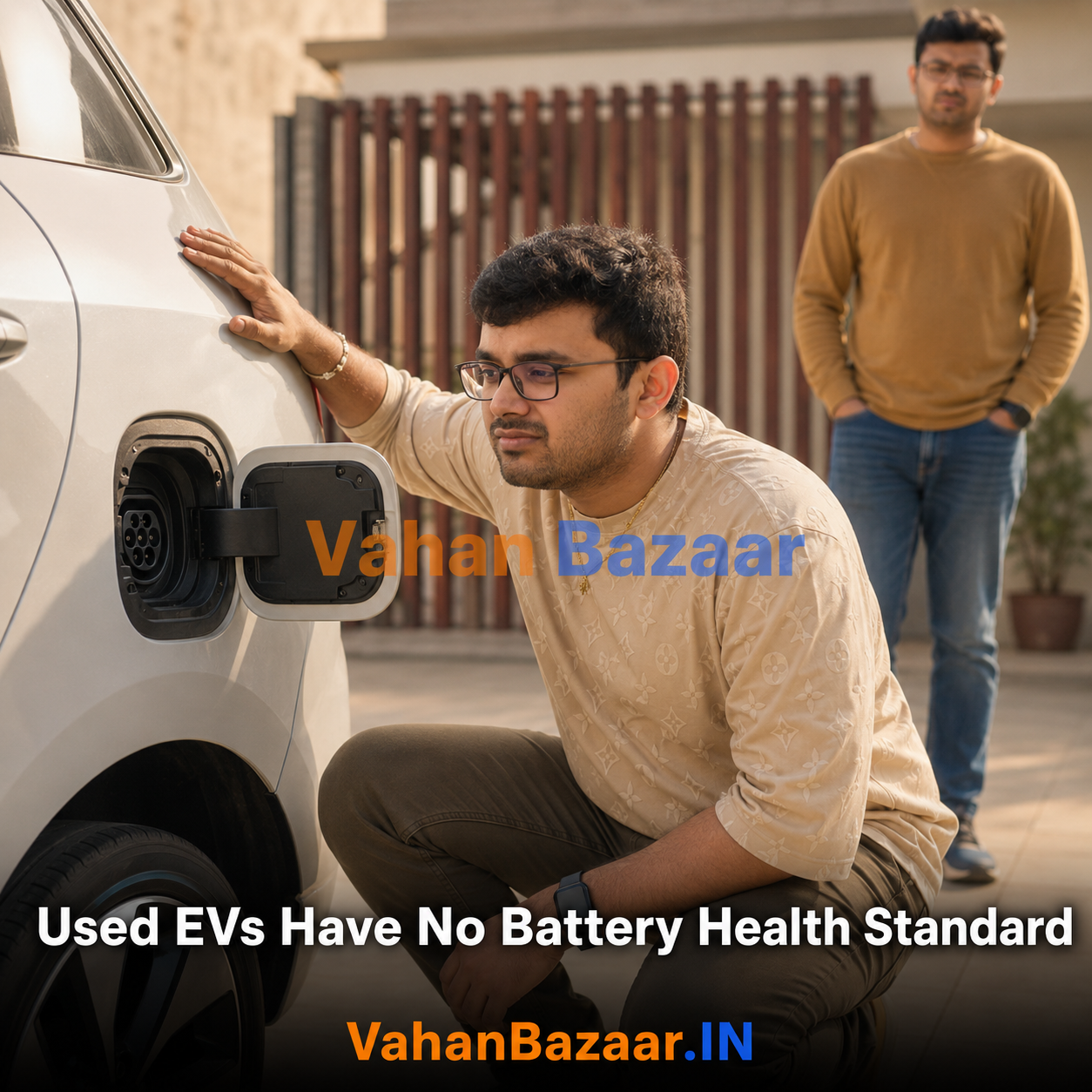 An Indian buyer inspecting a used electric car at a charging point while checking the vehicle's registration record on a phone