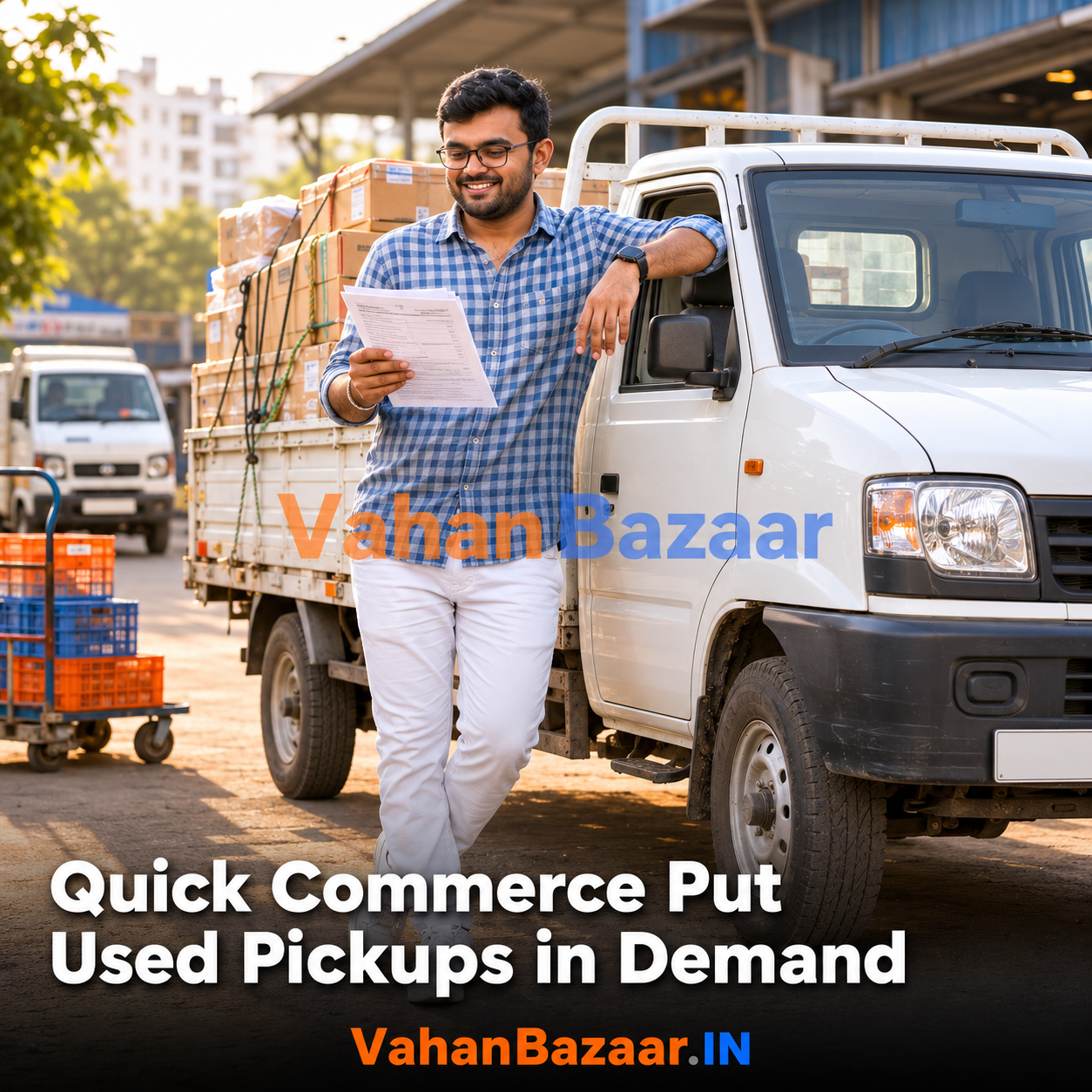VahanBazaar explainer on the checks a first-time buyer should run on a used pickup or small goods carrier in India, covering registration class, yellow number plate, fitness certificate, permit and commercial insurance