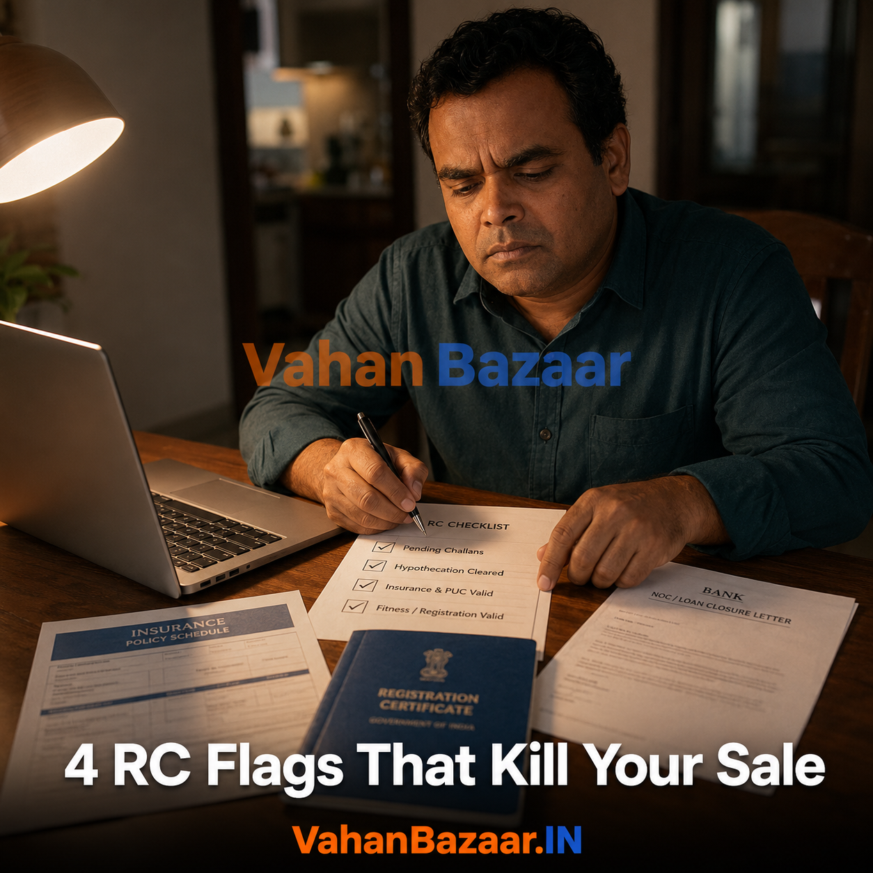 Four flags in a seller's own VAHAN record — pending challans, stale hypothecation, lapsed insurance and PUC, and short registration validity — that make used car buyers walk away before paying