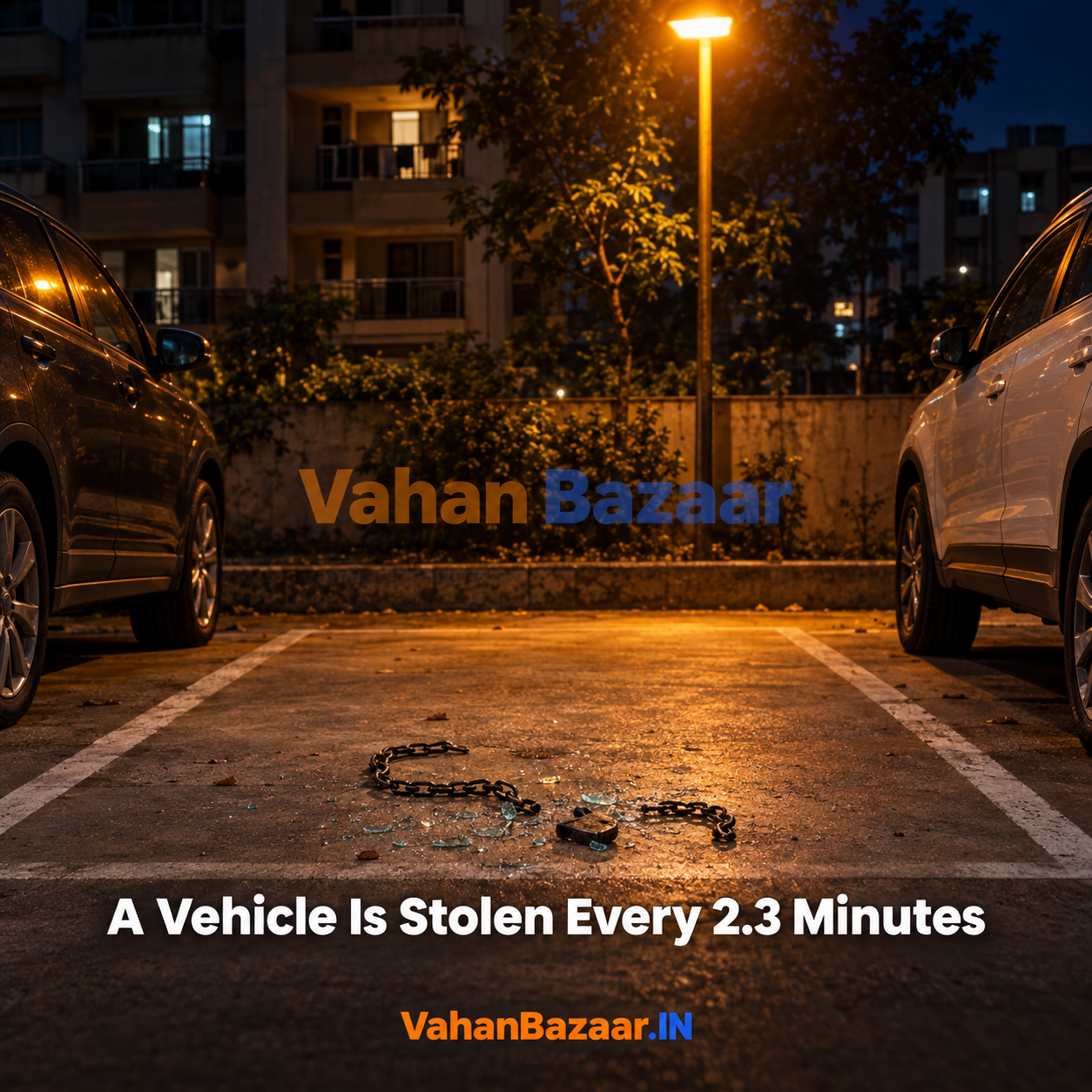 VahanBazaar analysis of vehicle theft in India, showing NCRB data on one vehicle stolen every 2.3 minutes and why low recovery rates mean unrecovered vehicles re-enter the used vehicle market