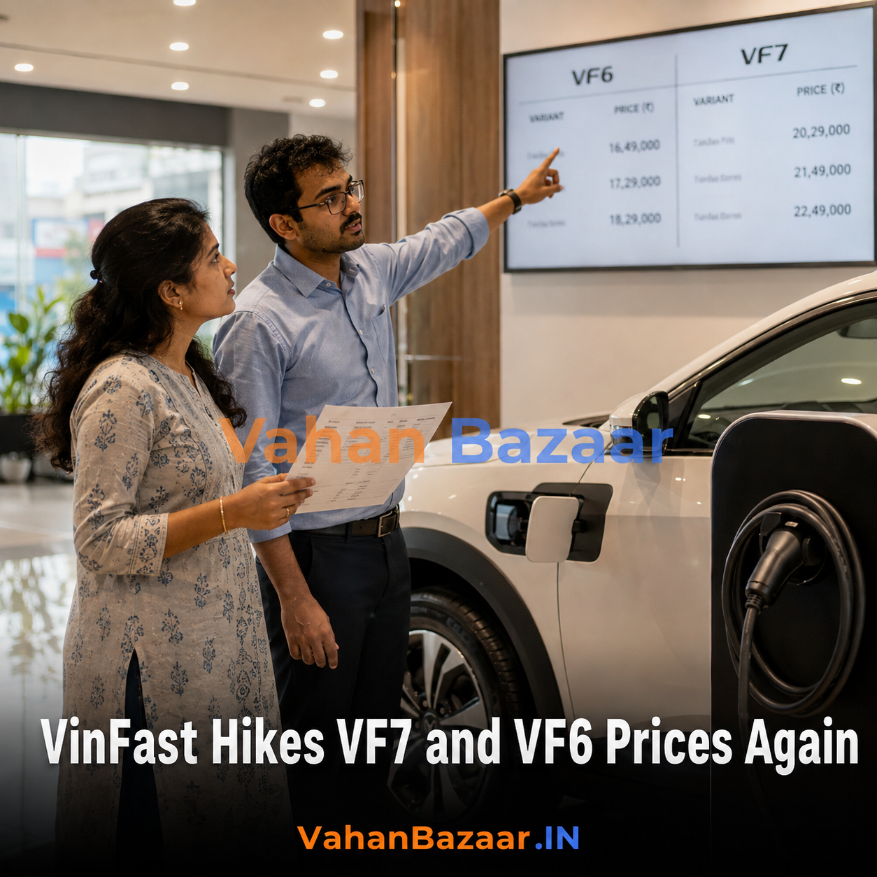 An Indian couple in an electric car showroom studying a price board beside a white electric SUV, with a salesperson pointing at a printed price list