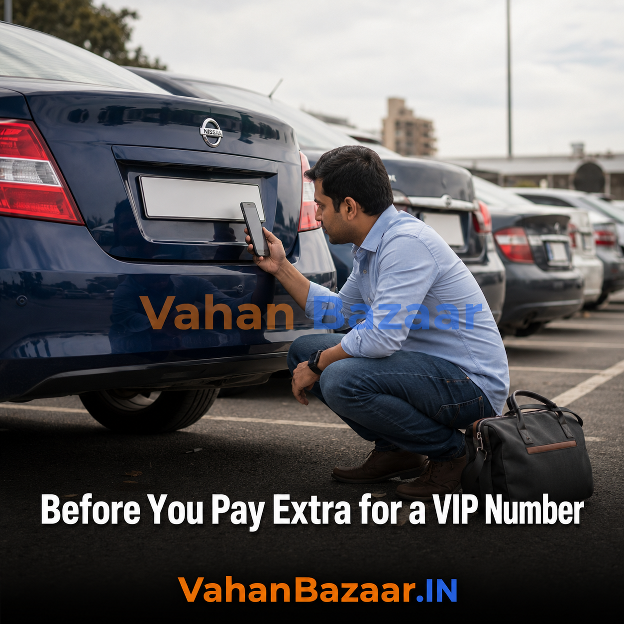 An Indian buyer crouching beside the rear number plate of a used sedan while checking a vehicle record on a phone