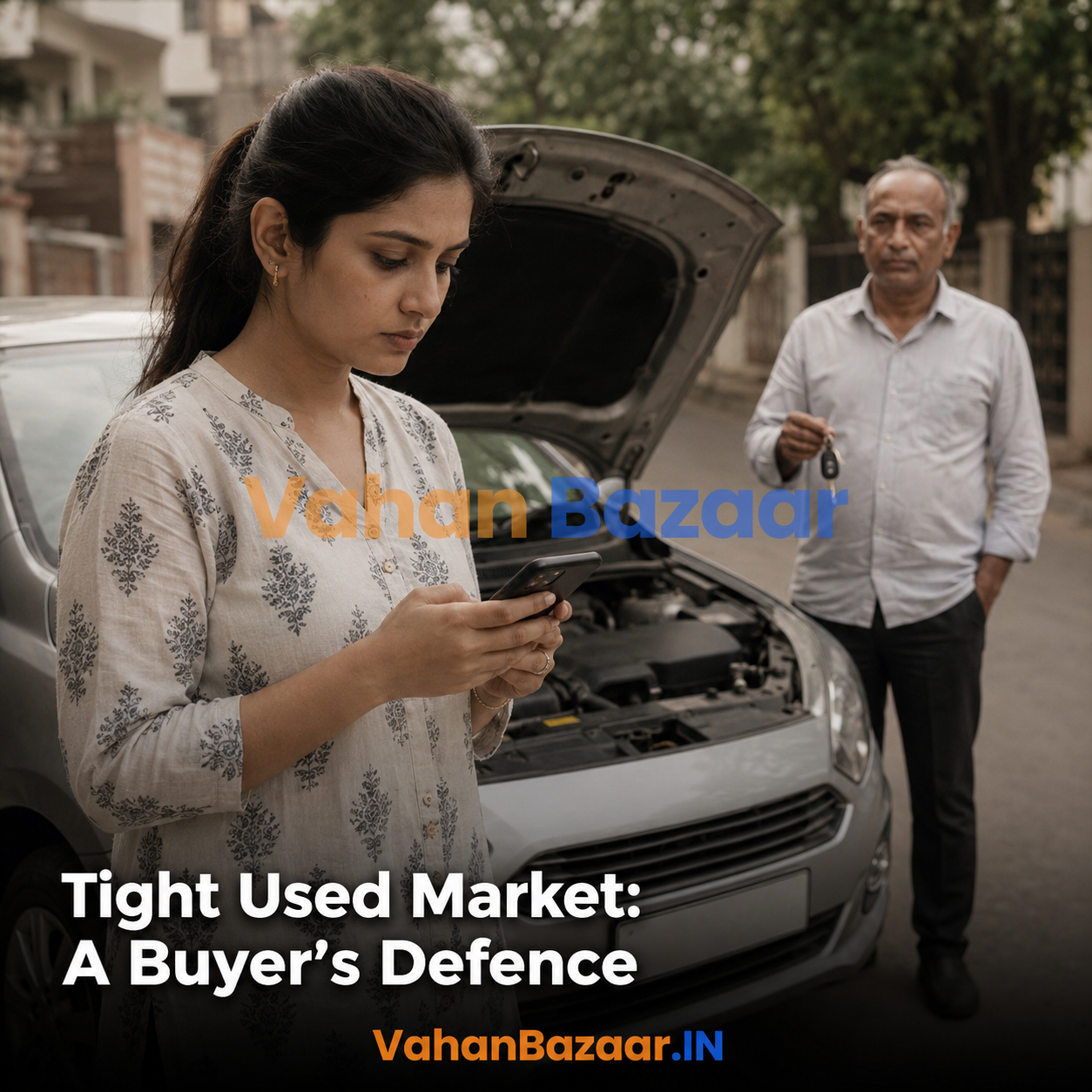 VahanBazaar explainer on buying a used car in India during a supply squeeze, showing how compressed decision time leads buyers to skip registration record checks on loans, challans, blacklist flags and true vehicle age