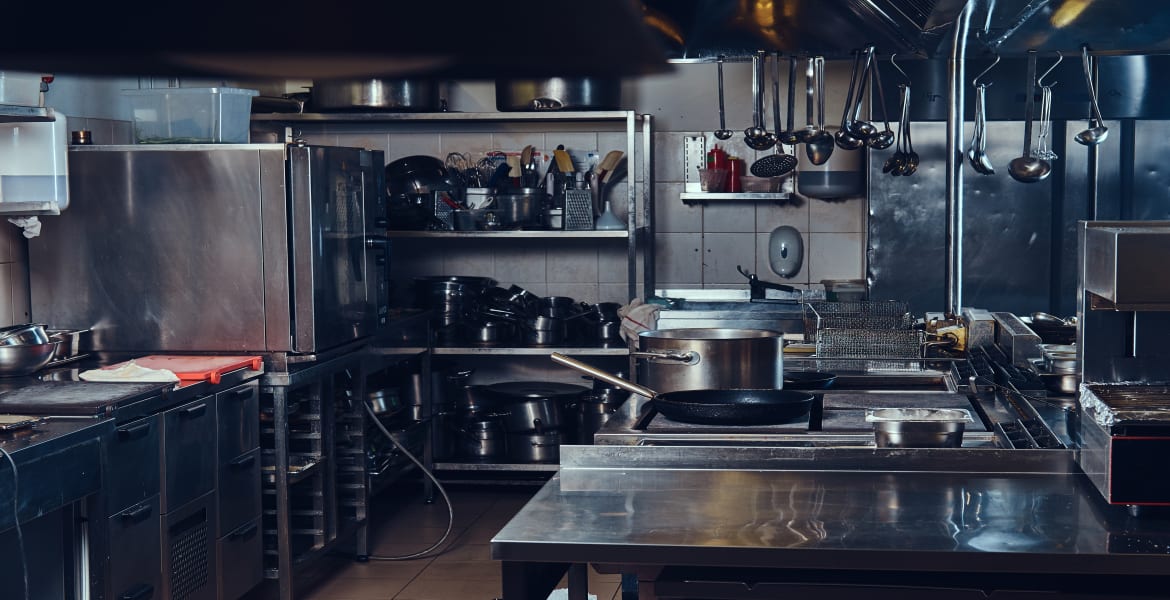 Professional stainless steel kitchen. Industrial stainless steel kitchen.