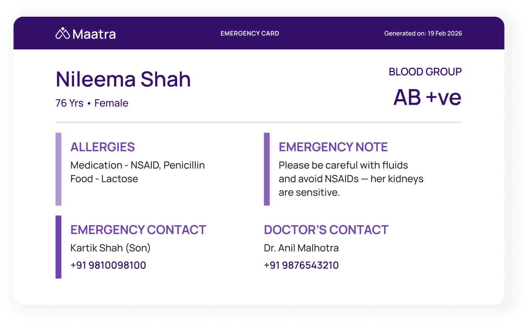 Emergency card showing critical health information