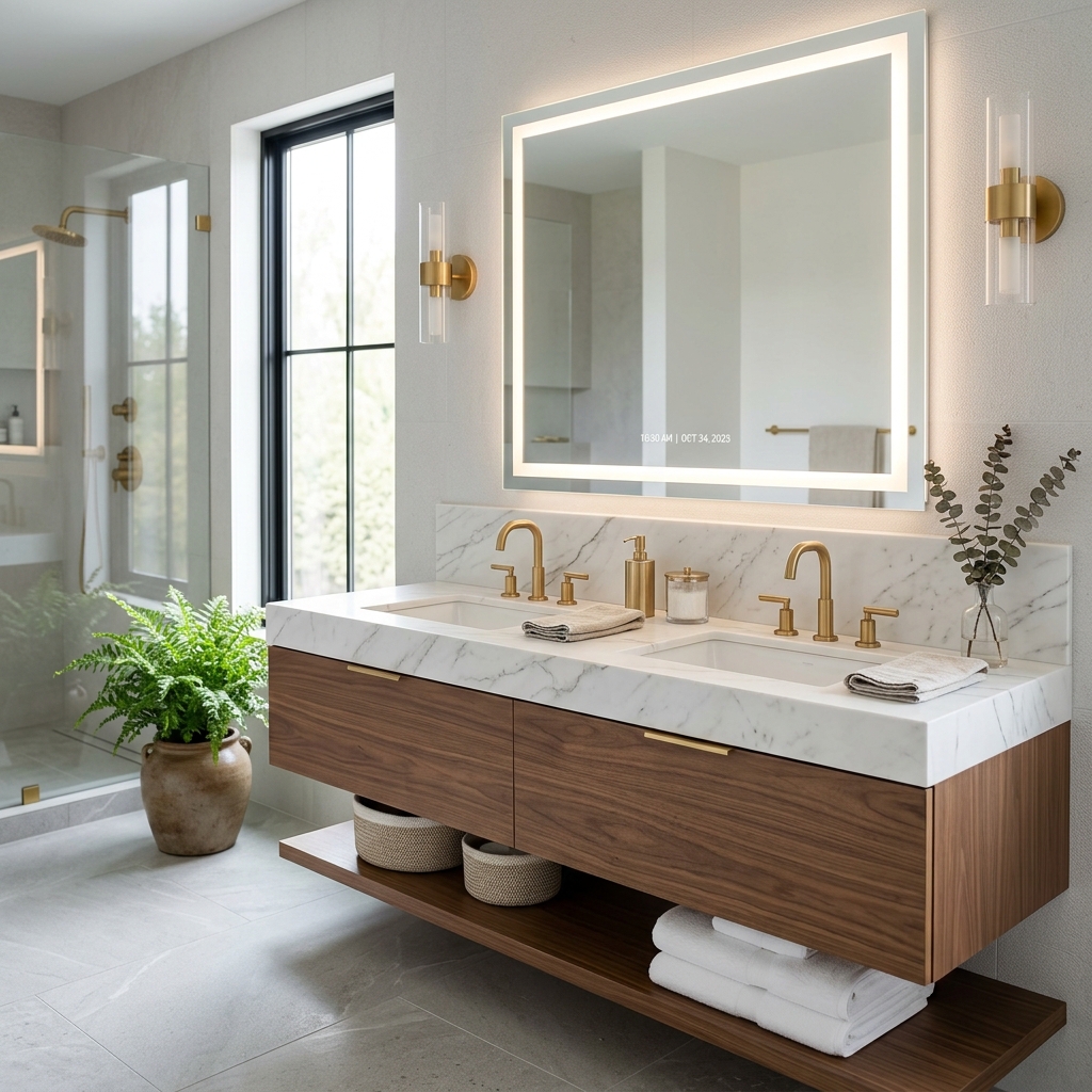 Luxurious floating bathroom vanity with marble countertop and gold fixtures