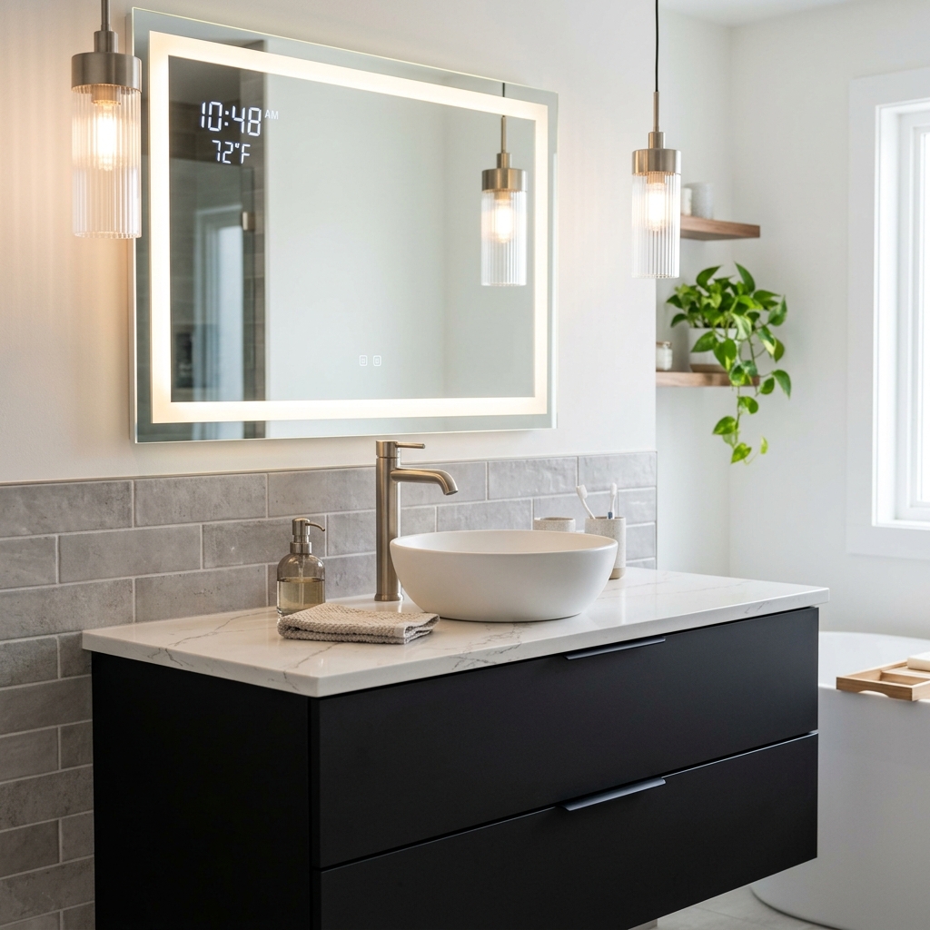 Contemporary bathroom vanity with illuminated smart mirror and black matte cabinet