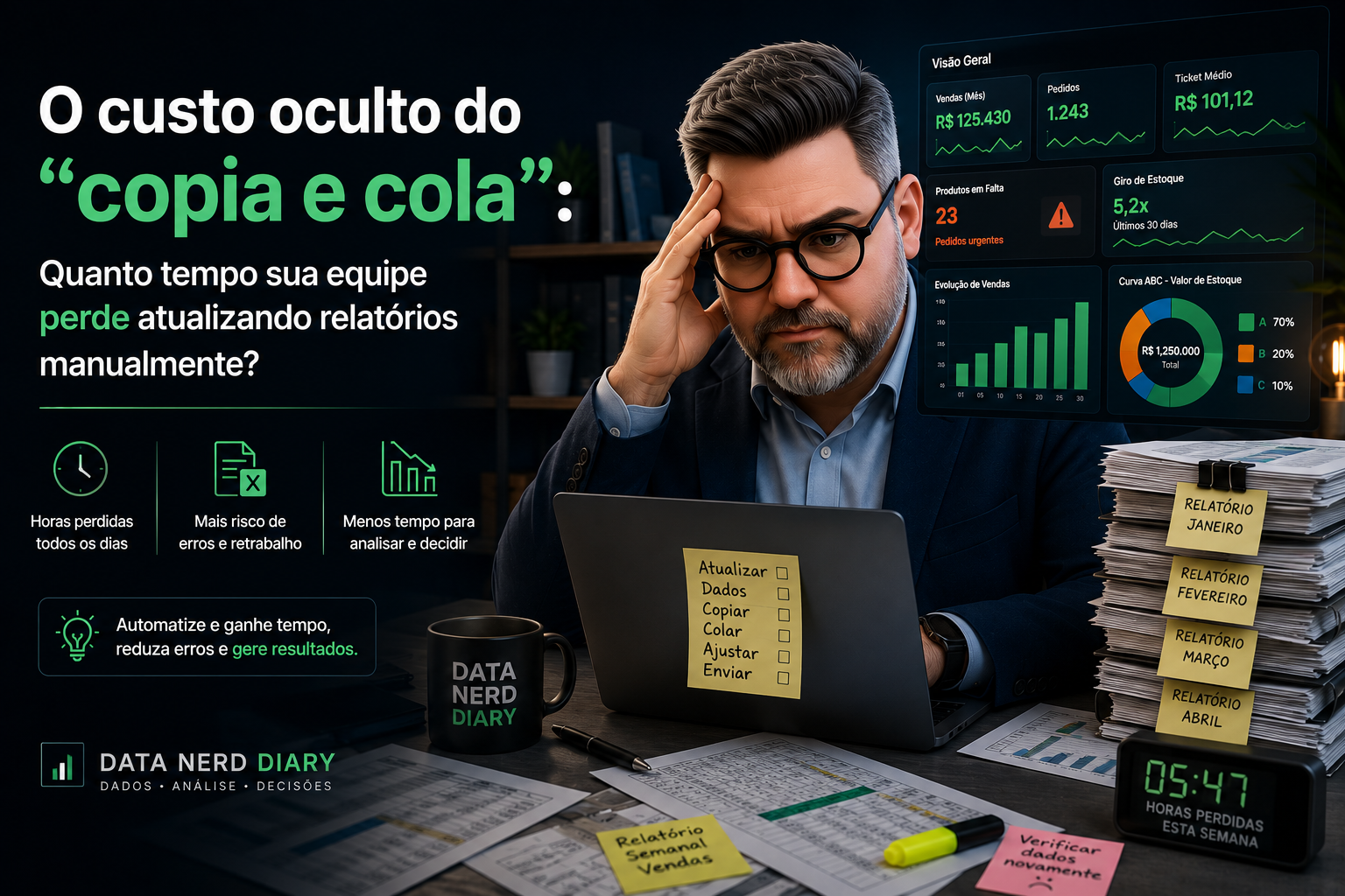 O custo oculto do "copia e cola": Quanto tempo sua equipe perde atualizando relatórios manualmente?