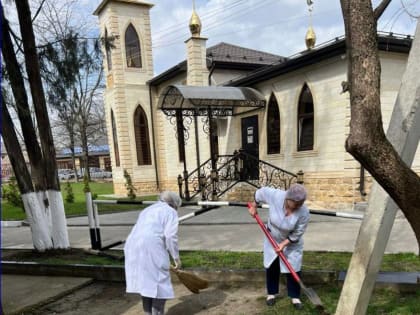 В Сунженской больнице продолжается уборка территории.