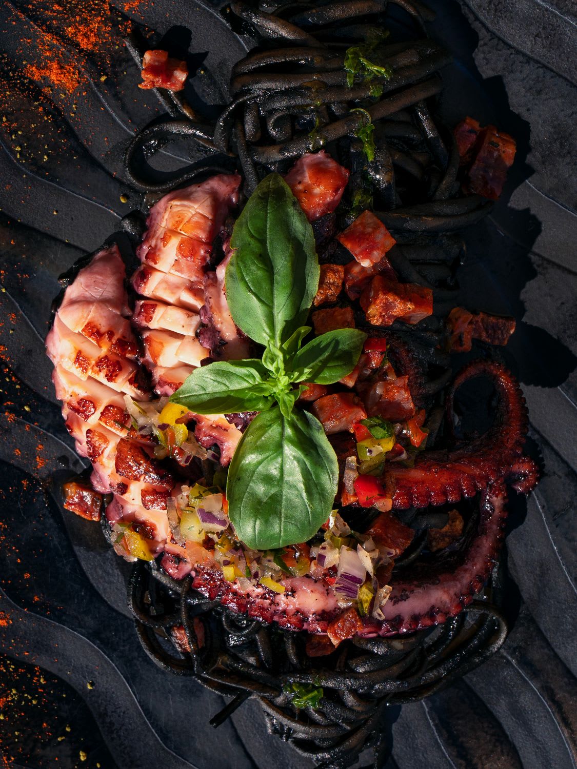 Poulpe grillé sur pasta à l'encre de seiche, photo studio