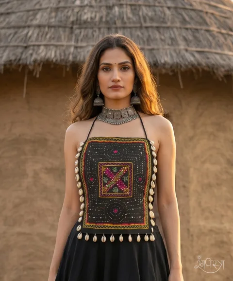 Black Kutchi Embroidered Halter Blouse with Cowrie Shells & Open Back | Festive Wear | Sleeveless Navratri & Party Blouse