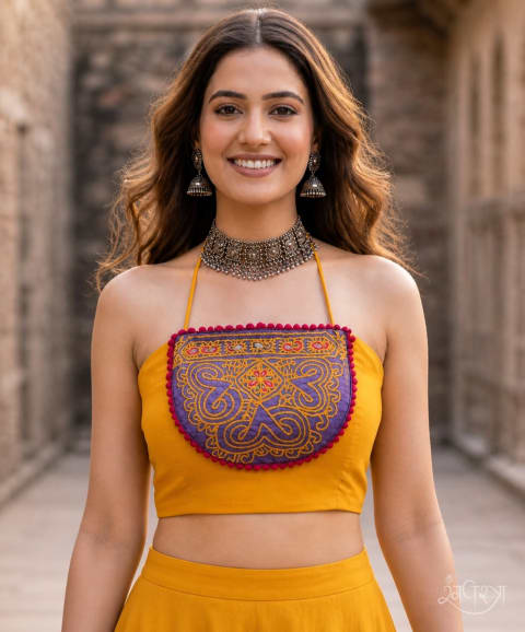 Bright Yellow Kutchi Embroidered Halter Blouse with Cobalt Blue Panel & Deep Red Trim | Open Back | Festive Wear | Navratri & Party