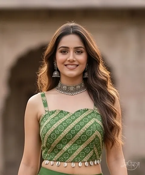 Moss Green Bandhani-Style Print Blouse with Sweetheart Neck, Broad Straps & Cowrie Shell Details | Festive | Navratri & Party Wear