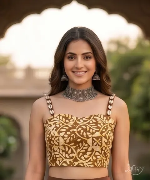 Earthy Brown Batik Print Spaghetti Blouse with Cowrie Shell Straps & Sweetheart Neckline | Open Back Festive | Navratri & Party Wear