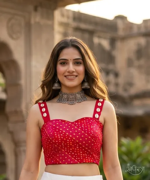 Deep Red Bandhani-Style Dotted Blouse with Sweetheart Neckline & Cowrie Shell Straps | Sleeveless Spaghetti Blouse | Party Wear
