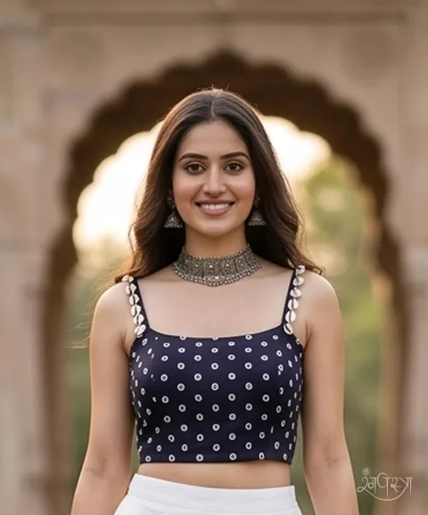 Deep Navy Blue Geometric Print Open Back Blouse with Cowrie Shell Straps & Straight Neckline | Festive | Navratri Party Wear
