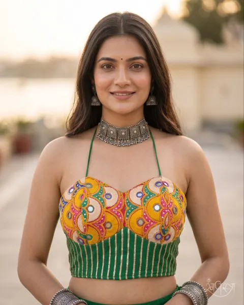 Yellow & Green Kutchi Embroidered Halter Blouse with Criss-Cross Open Back & Mirror Work | Festive Wear | Navratri & Party