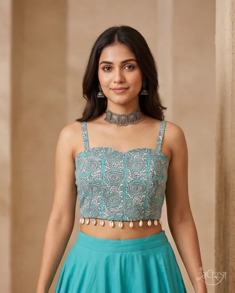 Light Teal Paisley Print Cotton Spaghetti Blouse with Sweetheart Neck & Cowrie Shell Hem | Festive | Navratri & Party Wear