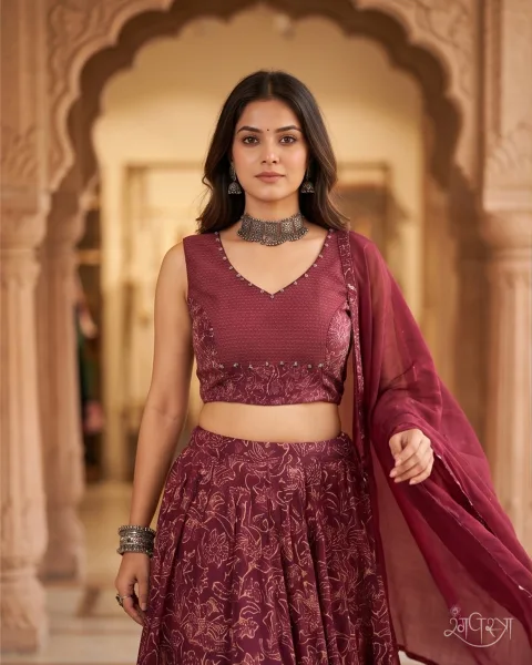 Deep Maroon Textured Sleeveless Blouse with Abstract Print Panels & Metallic Beadwork | Open Back | Festive & Party Wear